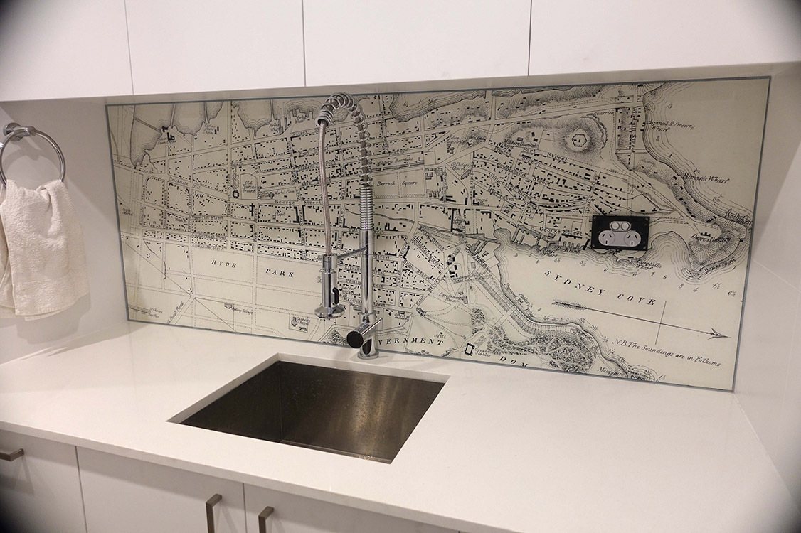 Kitchen glass splashback of a black and white map of Sydney