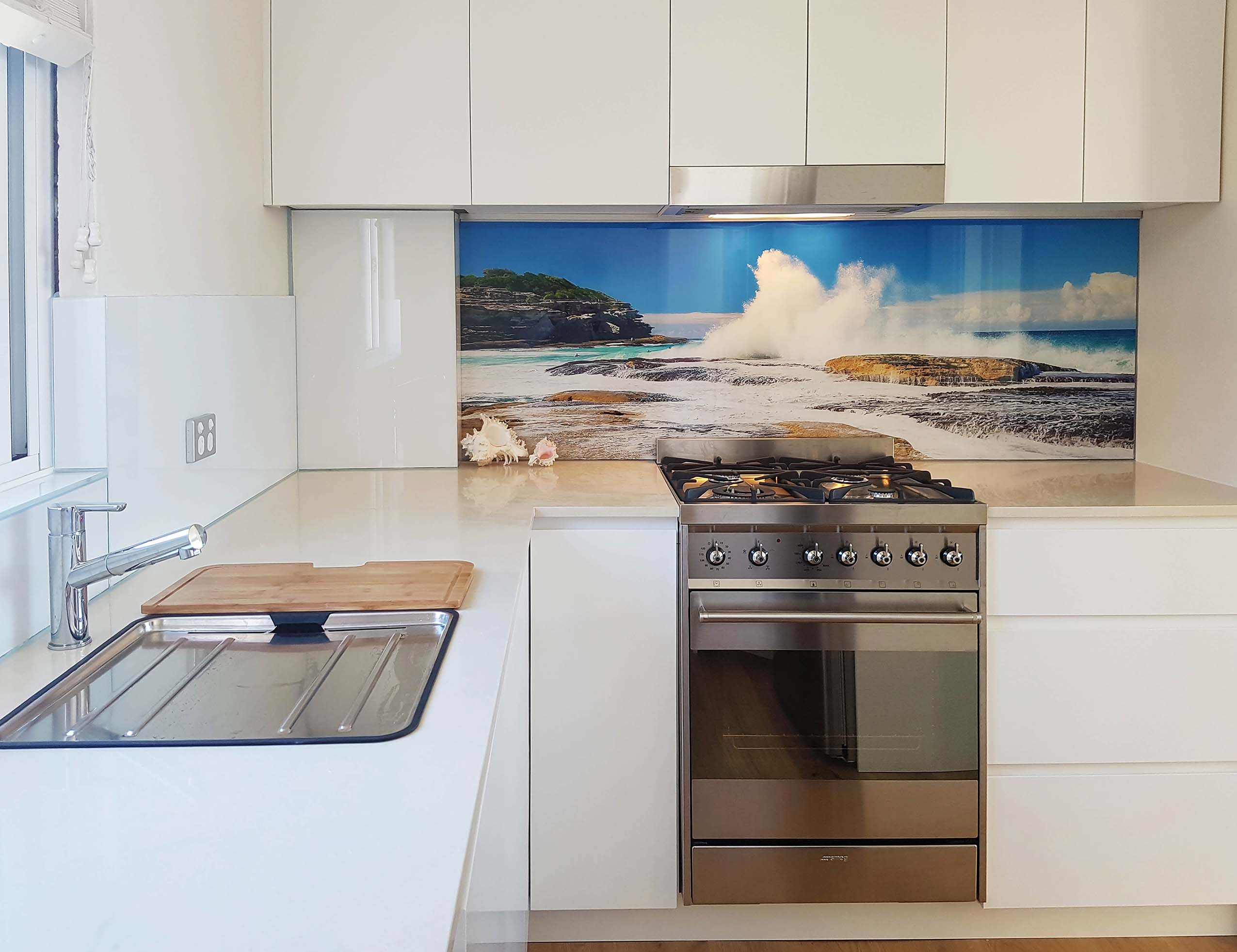 Seascape digitally printed glass kitchen pictorial splashback.