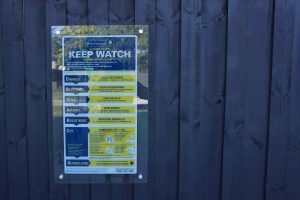 Metal pin mounted pool side digitally printed glass pool safety sign