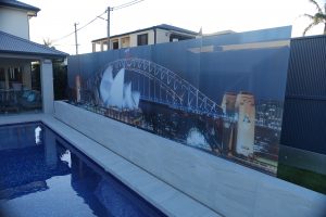 Glass custom printed 7m wide pool fence
