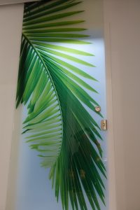 Laminated glass sliding privacy door with palm imagery