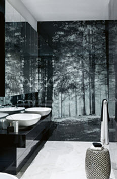 Bathroom with printed forest glass splashback