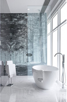 Bathroom with printed forest glass splashback