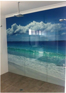 beach scene bathroom glass splashback