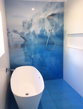 Iceberg image on bathroom glass splashback
